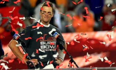 Tom Brady of the Tampa Bay Buccaneers signals after winning Super Bowl LV at Raymond James Stadium on February 07