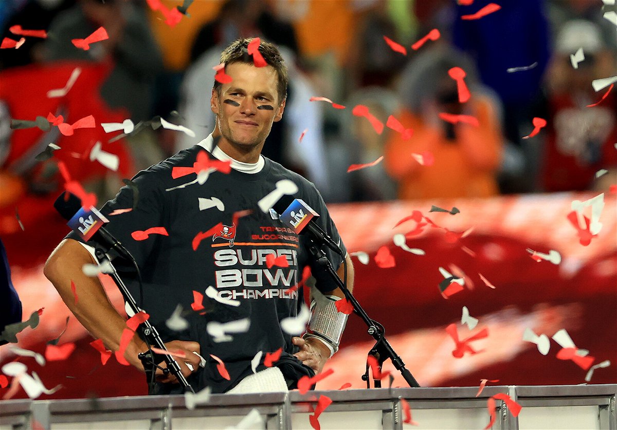 <i>Mike Ehrmann/Getty Images</i><br/>Tom Brady of the Tampa Bay Buccaneers signals after winning Super Bowl LV at Raymond James Stadium on February 07