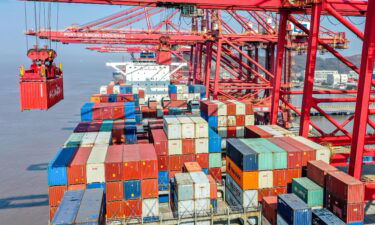 Aerial view of loading and unloading operations on a cargo ship on January 19 in Zhoushan