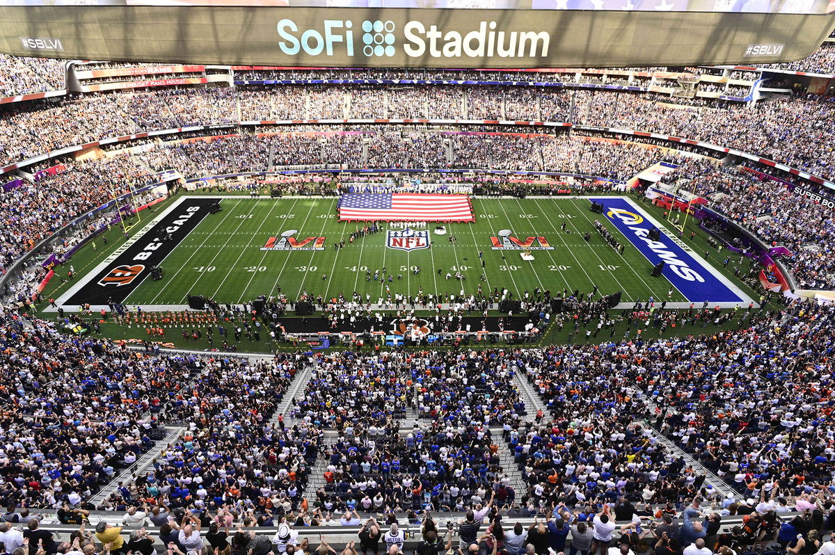 <i>Kohjiro Kinno/Sports Illustrated/Getty Images</i><br/>Aerial view of the US flag on field during anthem before Los Angeles Rams vs Cincinnati Bengals Super Bowl LVI game at SoFi Stadium in Inglewood