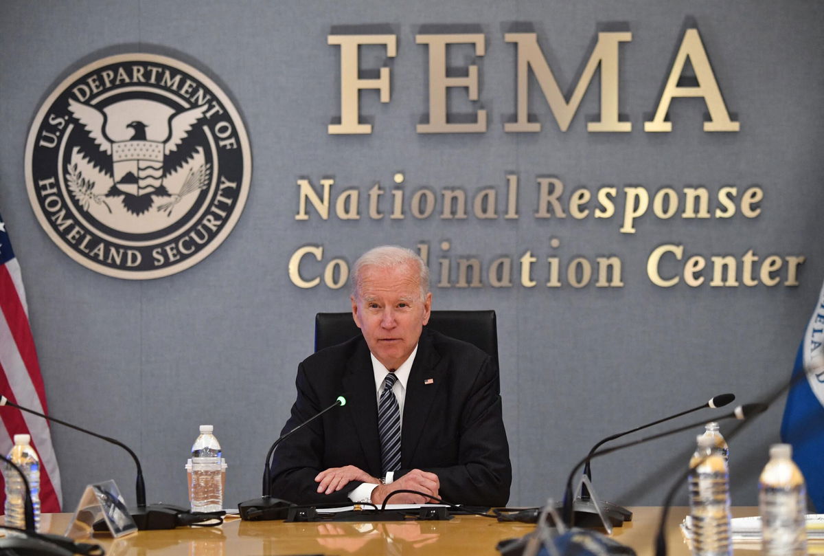 <i>Nicholas Kamm/AFP/Getty Images</i><br/>FEMA is launching a feature that would let Americans text to find an open shelter in the event of a major disaster. President Joe Biden is seen here at FEMA headquarters in Washington