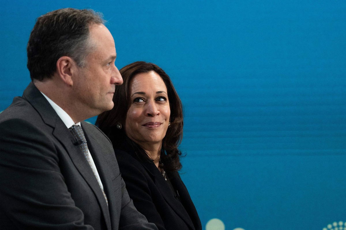 <i>JIM WATSON/AFP/Getty Images</i><br/>US Vice President Kamala Harris participates in the White House's Virtual Passover Celebration with Second Gentleman Douglas Emhoff (L) at the Eisenhower Executive Office Building in Washington