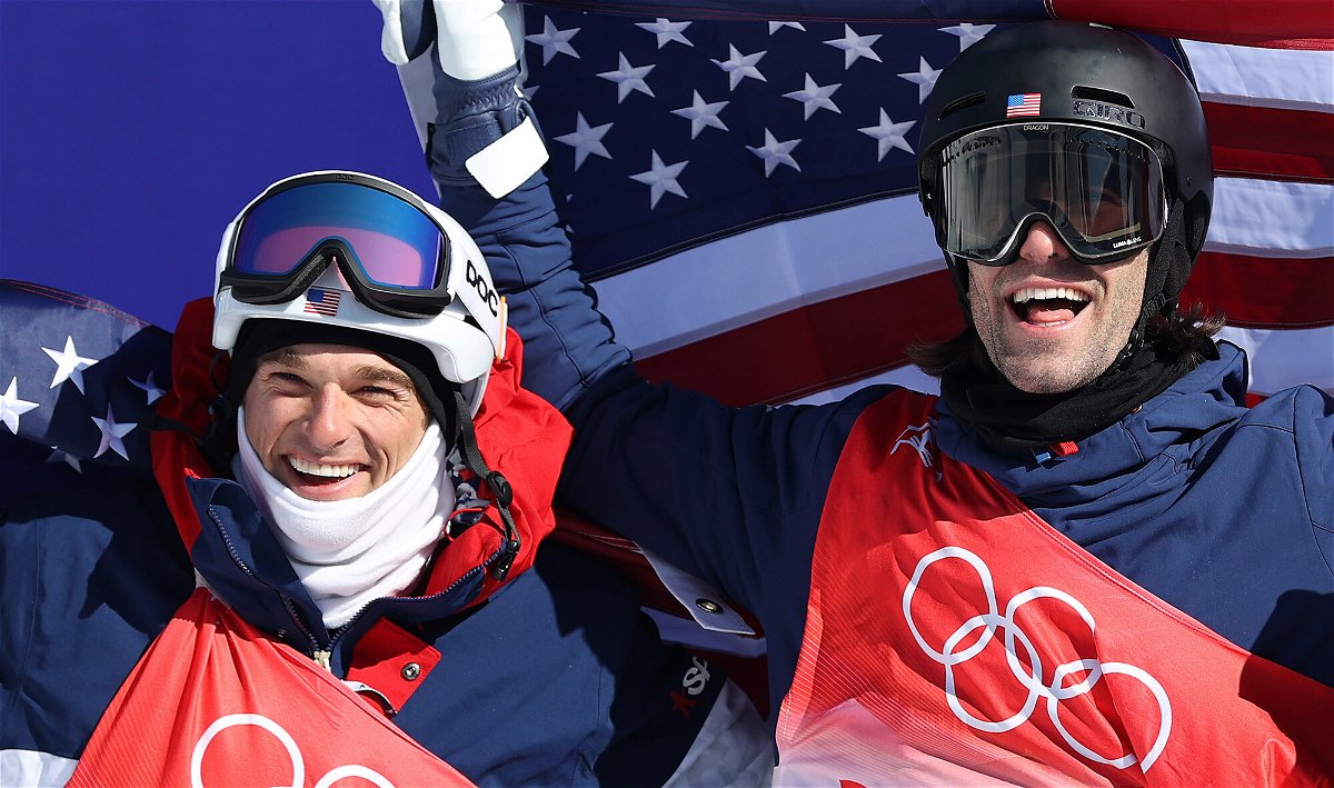 <i>Patrick Smith/Getty Images</i><br/>Silver medalist Nicholas Goepper (L) and Gold medalist Alexander Hall of Team United States celebrate after the Men's freestyle slopestyle final on Day 12 of the Beijing 2022 Winter Olympics.