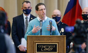 Rabbi Charlie Cytron-Walker of Congregation Beth Israel addresses reporters during a news conference at Colleyville Center on January 21 in Colleyville