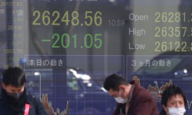 A monitor shows the 225-issue Nikkei Stock Average index price plummeting in Chuo ward