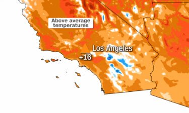 Above-average high temperatures (shown in orange and red colors) are forecast for southern California on Sunday.
