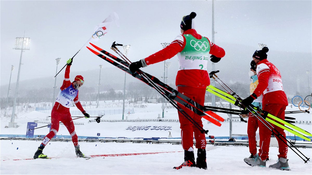 <i>Lars Baron/Getty Images</i><br/>The Russian Olympic Committee celebrates winning the gold medal in the men's cross-country skiing 4x10m relay on Sunday.
