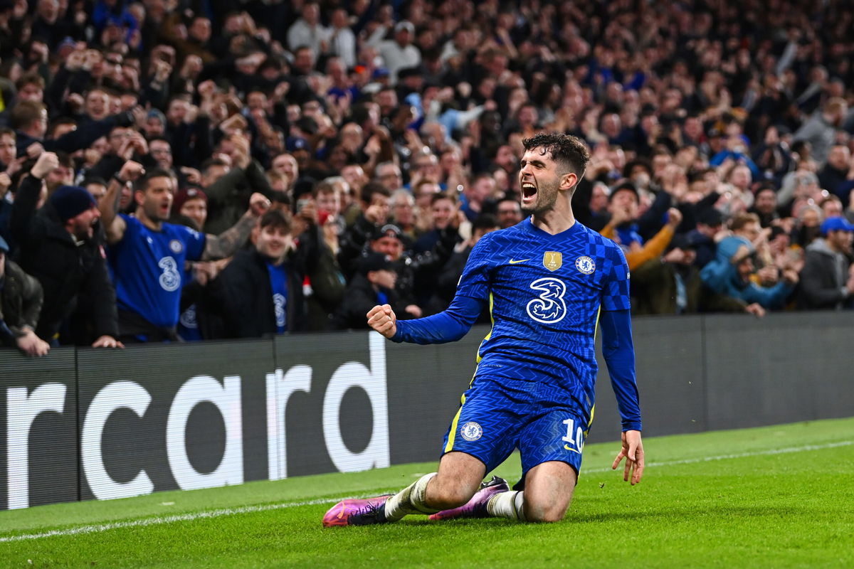 <i>Shaun Botterill/Getty Images</i><br/>Pulisic celebrates scoring Chelsea's second goal against Lille.