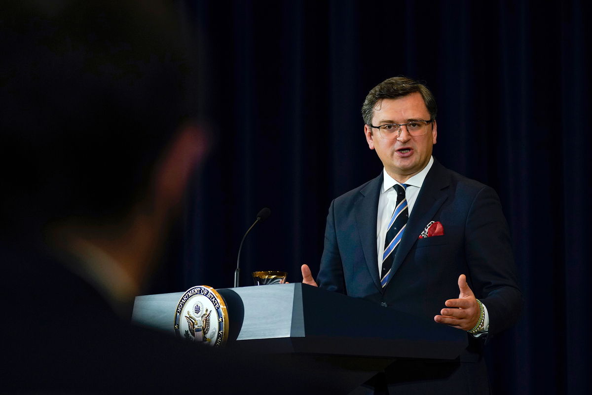 <i>Carolyn Kaster/Pool/AP</i><br/>Ukraine's Foreign Minister Dmytro Kuleba speaks during a news conference with Secretary of State Antony Blinken at the State Department in Washington