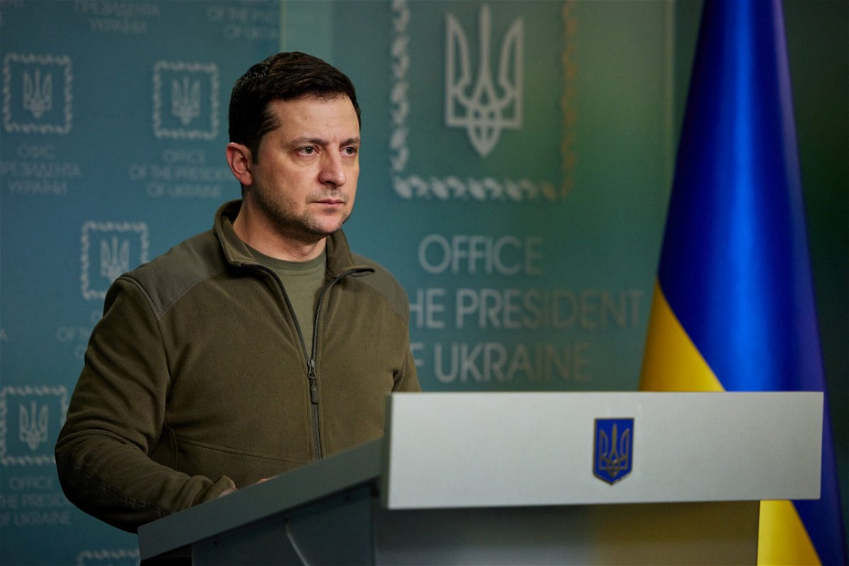 <i>Ukrainian Presidential Press Service/Reuters</i><br/>Ukrainian President Volodymyr Zelenskiy makes a statement in Kyiv on Friday.