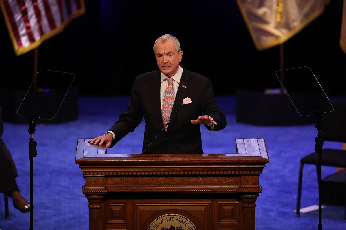 <i>Tayfun Coskun/Anadolu Agency/Getty Images</i><br/>Phil Murphy is sworn in as governor of New Jersey at the War Memorial Building in Trenton in January.