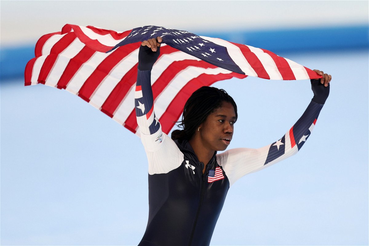 <i>Richard Heathcote/Getty Images</i><br/>Erin Jackson celebrates after winning the gold medal during the women's 500m speed skating event on February 13.