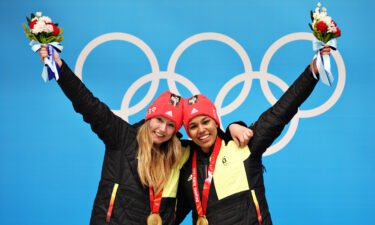 Gold medal winners Laura Nolte and Deborah Levi of Team Germany at the Beijing 2022 Winter Olympic Games on February 19