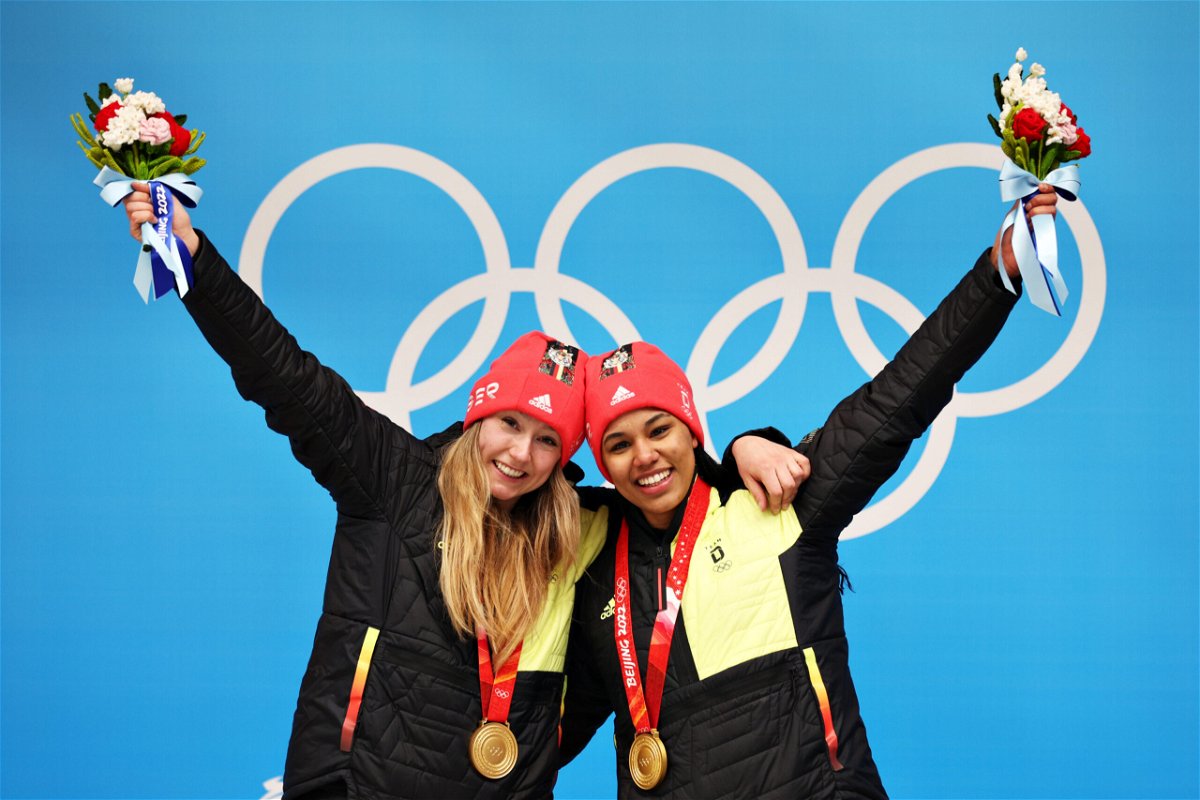 <i>Adam Pretty/Getty Images</i><br/>Gold medal winners Laura Nolte and Deborah Levi of Team Germany at the Beijing 2022 Winter Olympic Games on February 19