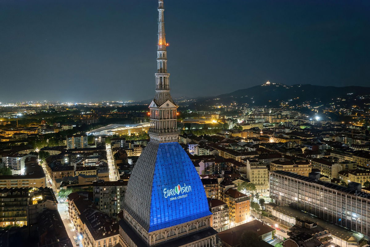 <i>Michele D'Ottavio/Alamy Stock Photo</i><br/>Eurovision Song Contest logo projected on the Mole Antonelliana in January 2022 in Turin
