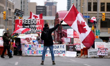 A protesters waves a flag Friday in Ottawa.