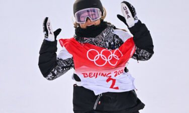 USA's Chloe Kim reacts after her run in the snowboard women's halfpipe final run during the Beijing 2022 Winter Olympic Games at the Genting Snow Park H & S Stadium in Zhangjiakou on February 10.
