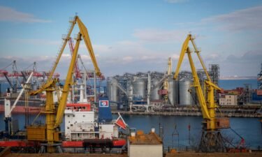Storage silos and shipping cranes at the Port of Odessa in Odessa