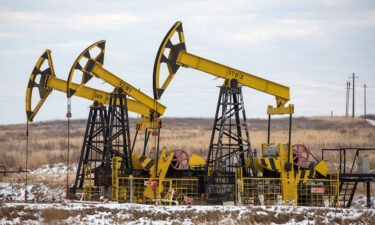 Oil pumping jacks in a Rosneft oilfield near Sokolovka village
