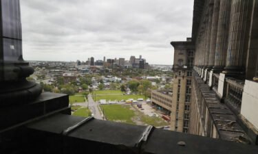 The Detroit skyline is seen from the 12th floor of the Michigan Central train depot