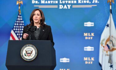 US Vice President Kamala Harris speaks in the South Court Auditorium of the White House in Washington