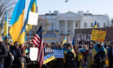 People take part in a protest against the Russian invasion of Ukraine outside the White House in Washington on Sunday