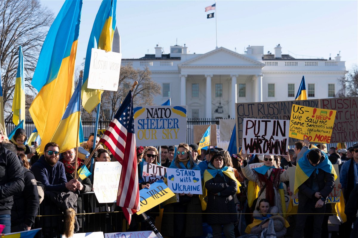 <i>Jose Luis Magana/AP</i><br/>People take part in a protest against the Russian invasion of Ukraine outside the White House in Washington on Sunday