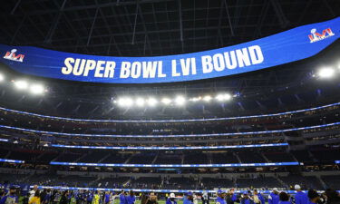 The jumbotron reads "Super Bowl LVI Bound" on January 30 after the Los Angeles Rams defeated the San Francisco 49ers