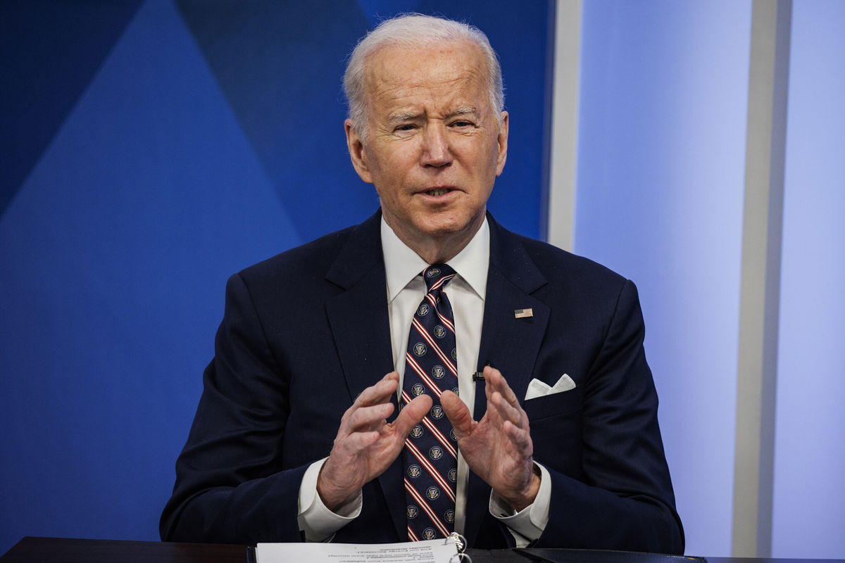 <i>Samuel Corum/Bloomberg/Getty Images</i><br/>President Biden speaks during a virtual event on mineral supply chains in the Eisenhower Executive Office Building of the White House on Tuesday