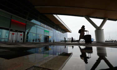 A passenger exits Platov International Airport in Rostov-on-Don
