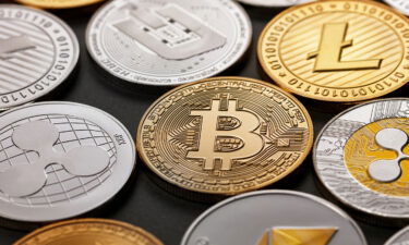 Coins representing crypto currency of bitcoin