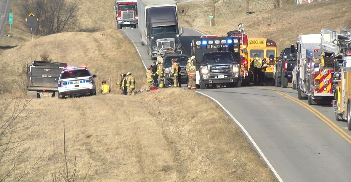 Emergency crews responded to a head-on crash on Interstate 70 Drive NW on Wednesday, March 9, 2022. The Missouri State Highway Patrol reported one woman and three children were hurt.