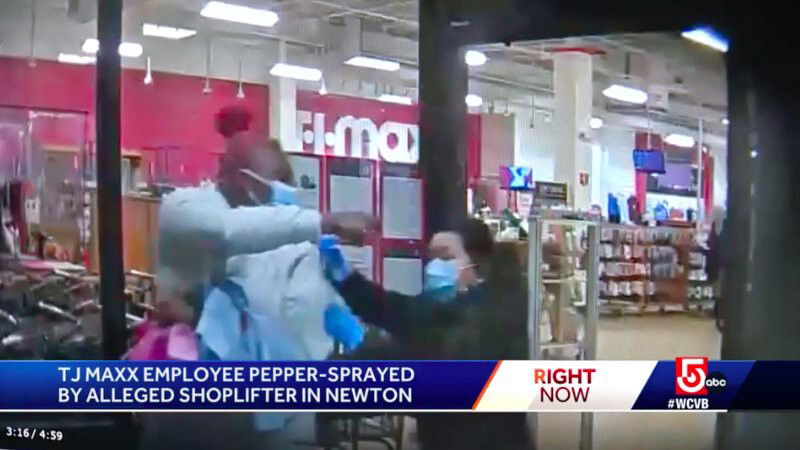 <i>Newton Police/WCVB</i><br/>Police are sharing surveillance video that shows a T.J. Maxx employee in Massachusetts getting pepper-sprayed by a shoplifter.