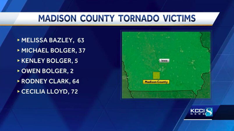 <i>KCCI</i><br/>Four adults and two children have died in Saturday's storm.