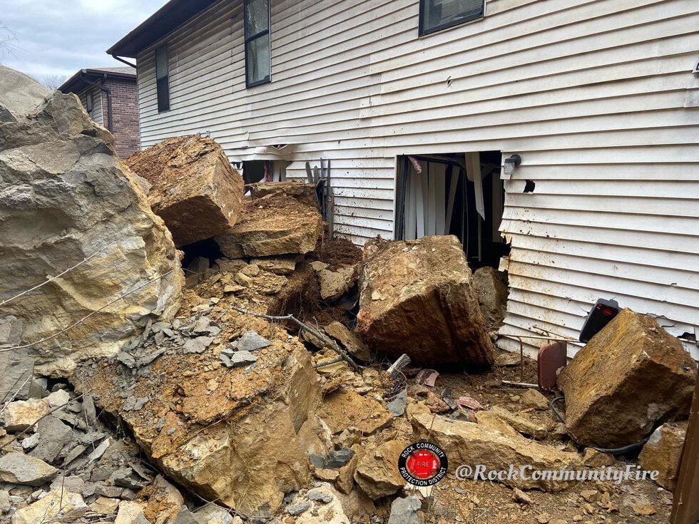 <i>Rock Community Fire Protection District/KMOV</i><br/>Rocks fell off a cliff near an apartment complex Sunday morning. No one was injured.