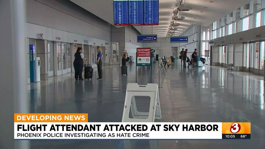<i>KPHO/KTVK</i><br/>Police said the attack happened on the Sky Train platform in Terminal 4 Friday around 2:15 a.m. They’re investigating it as a hate crime.