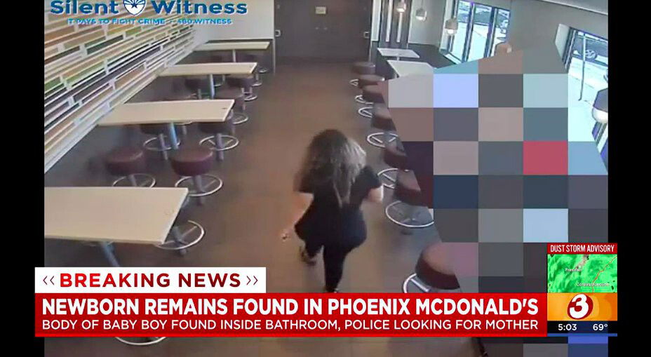 <i>Phoenix Police/KPHO/KTVK</i><br/>Phoenix police released a surveillance video of a woman leaving a Phoenix McDonald's bathroom before an infant was found dead.
