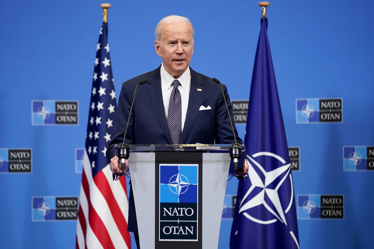 <i>Evan Vucci/AP</i><br/>President Joe Biden speaks during a news conference at NATO after meeting with allies about the Russian invasion of Ukraine on Thursday in Brussels