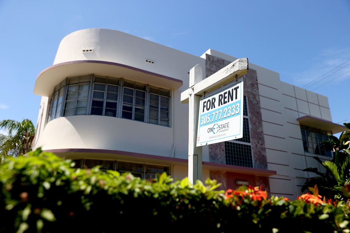 <i>Joe Raedle/Getty Images</i><br/>A rent sign hangs outside of a building on September 29