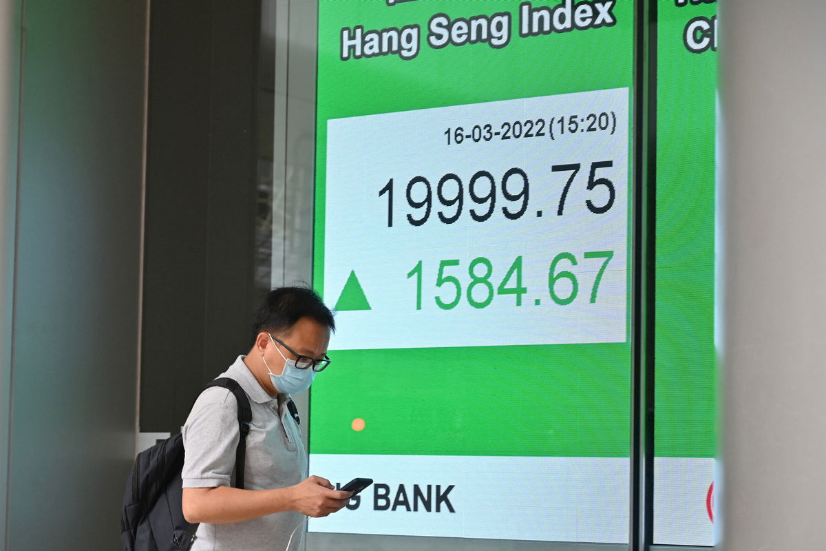 <i>PETER PARKS/AFP/Getty Images</i><br/>A man walks past a sign showing the numbers for the Hang Seng Index before the close in Hong Kong on March 16. Chinese stocks had the biggest one-day gain since October 2008 Wednesday.