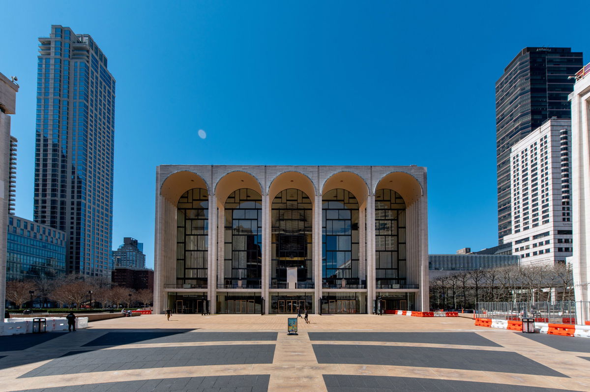 <i>Roy Rochlin/Getty Images</i><br/>A view of Lincoln Plaza with the Metropolitan Opera House in the center in April 2021 in New York City.