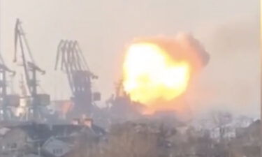 A screengrab of a video shared on social media of the Berdyansk port fire.