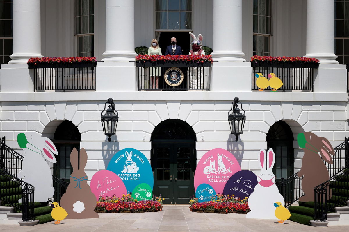 <i>Win McNamee/Getty Images</i><br/>President Joe Biden and first lady Jill Biden appear with the Easter Bunny at the White House in 2021. The 2021 Easter Egg Roll was canceled due to the coronavirus pandemic.