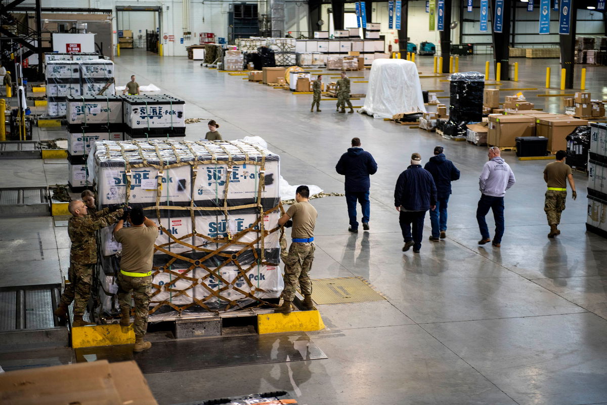 <i>Tech. Sgt. J.D. Strong II/US Air Force</i><br/>Airmen from the 436th and 72nd Aerial Port Squadrons palletize equipment bound for Ukraine during a foreign military sales mission at Dover Air Force Base