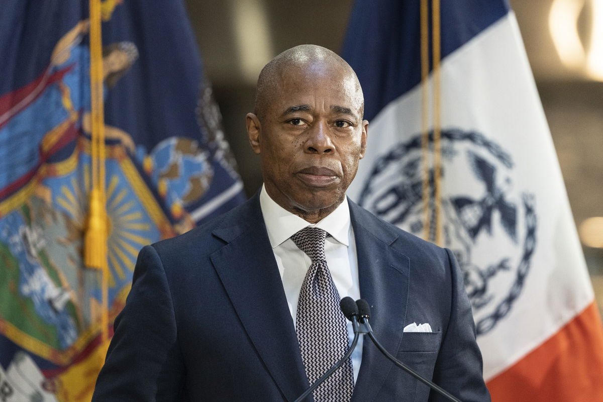 <i>Lev Radin/Pacific Press/LightRocket/Getty Images</i><br/>Mayor Eric Adams speaks during joint press conference with Governor Kathy Hochul on Fulton street subway station.