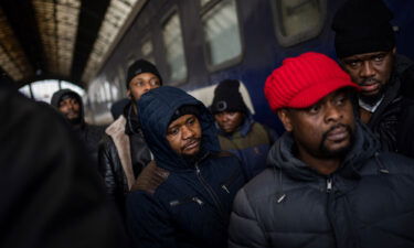 African residents in Ukraine wait at the platform inside Lviv railway station on February 27.