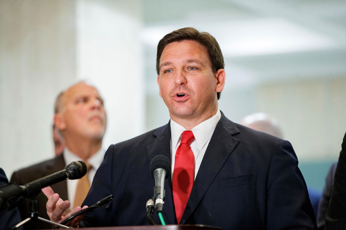 <i>Alicia Devine/Tallahassee Democrat/AP</i><br/>Florida Gov. Ron DeSantis responds to questions on March 14. DeSantis received and quickly vetoed new congressional boundaries approved by the Republican-controlled legislature on March 29.