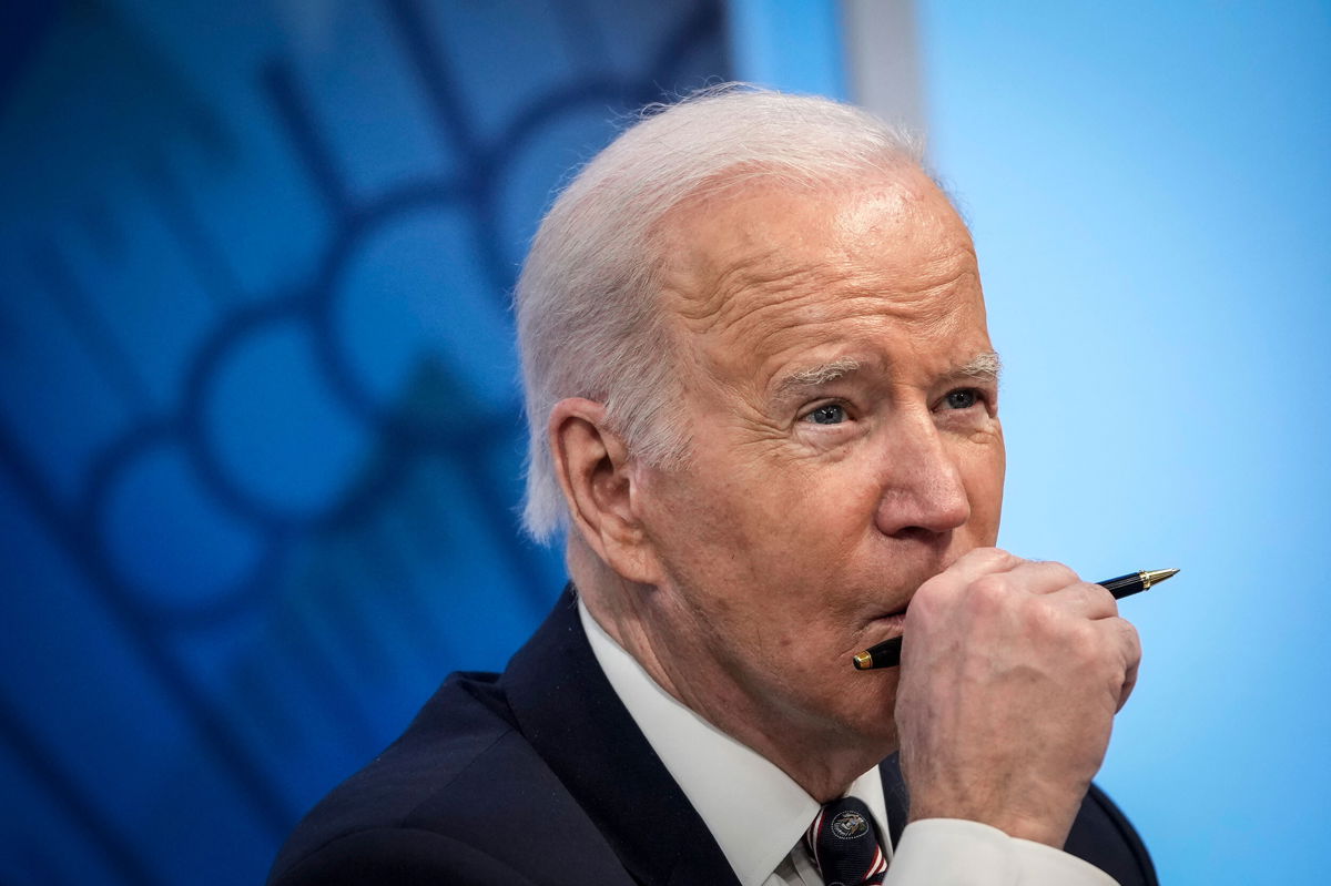 <i>Drew Angerer/Getty Images</i><br/>U.S. President Joe Biden participates in a virtual meeting about mineral supply chains and clean energy manufacturing in the South Court Auditorium of the White House complex February 22 in Washington