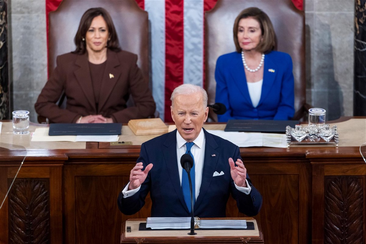 <i>Jim Lo Scalzo/AP</i><br/>President Joe Biden (center) took to his biggest stage of the year on March 1 amid the most consequential stretch of his presidency so far. Here are 5 takeaways from Biden's State of the Union speech.