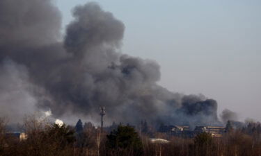 Smoke rises from a factory building near Lviv airport